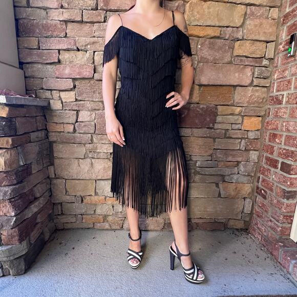 VTG NEW Deadstock VTG Dovizia Black FLAPPER Tiered Fringe Party Dress Size 4 - Picture 1 of 11